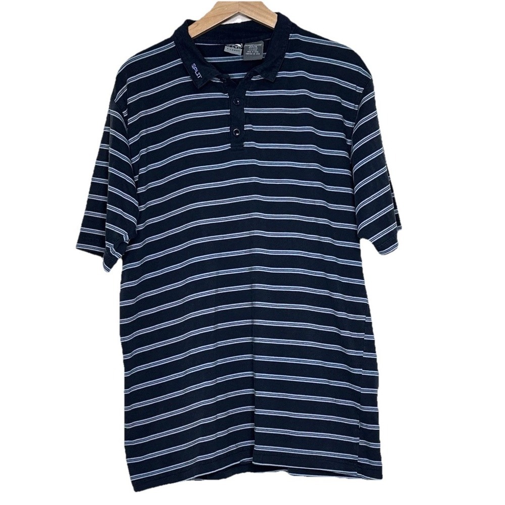 Vintage Y2K Split Striped Polo Shirt Adult XL Black BlueSkateboarding Retro